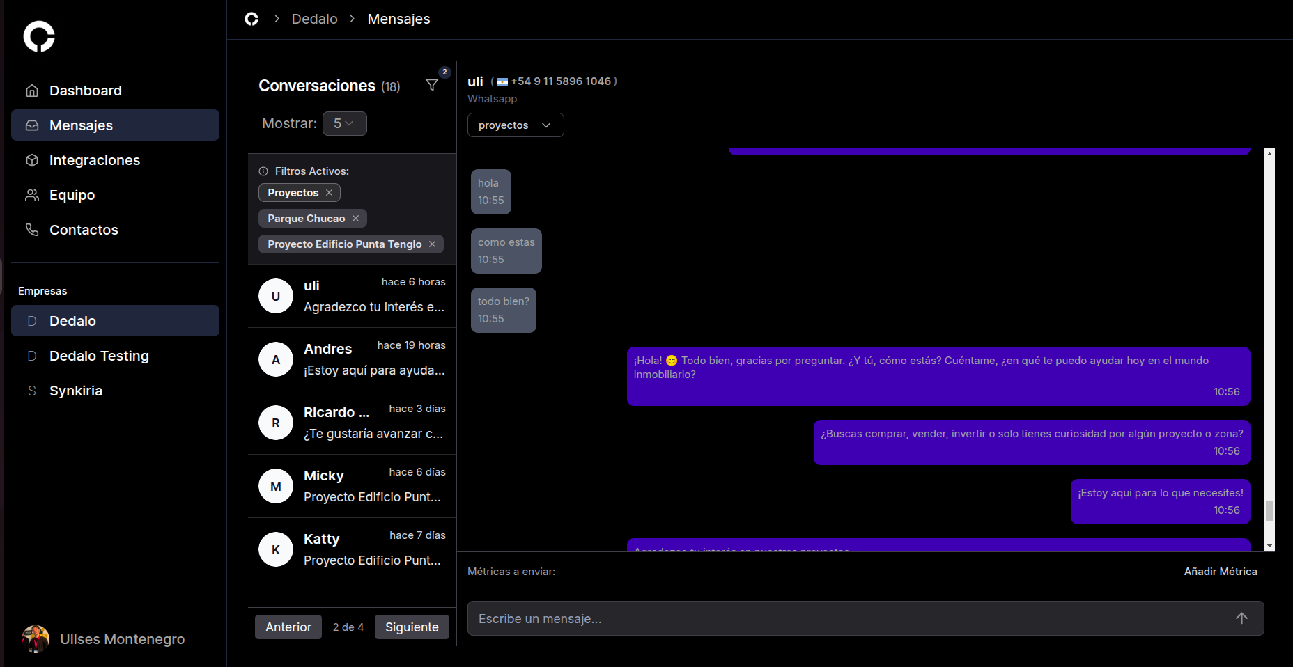 Captura de pantalla de la interfaz de la plataforma Centralize con un chatbot de IA conversando en WhatsApp
